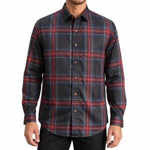 Mens Large Black Red Tartan Plaid Satin Silky Long Sleeve Dress Shirt Party NWT